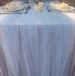 水色パール装飾シフォンテーブルクロス 誕生日パーティー　ブライダルベールスタイル