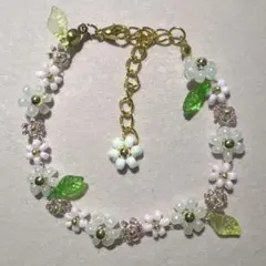 【B-043】 ホワイト×ピンク ビーズブレスレット ハンドメイド 韓国フラワー