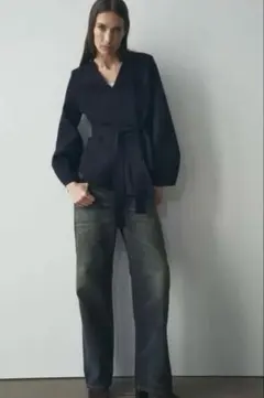 ZARA ベルト付きニットショートボレロ ネイビー S