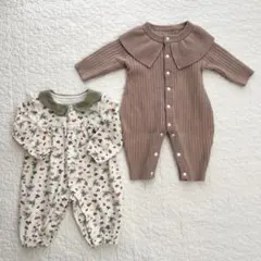 ロンパース2点セット 長袖 リブ編み ニット 襟付き 60 70 女の子
