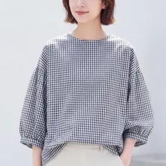 新品 ギンガムチェック ブラウス チュニック レディース 七分袖 パフスリーブ