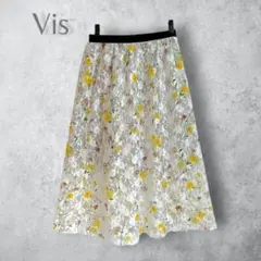 【Vis ヴィス】　フラワーレースフレアスカート　洗える　ウエストゴム　春夏