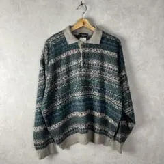 80s 90s カナダ製 ニットポロシャツ 総柄 襟付き レトロ vintage