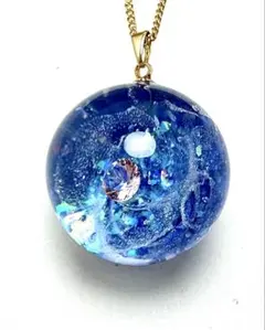 【n16】宇宙玉 25mm ネックレス ブルー ピンクジルコニア レジン