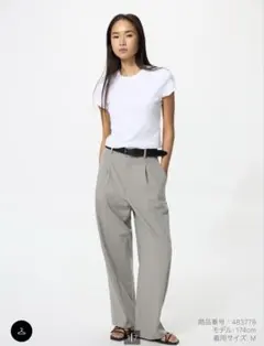ユニクロ タックワイドパンツ ストライプ ライトグレー S
