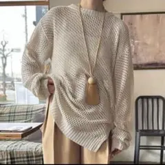 【セレクトモカ】クルーネック透かし編み メッシュニット トップス　ホワイト