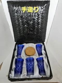 未使用　手作り切子グラス&竹のコースター　美しいカットグラス　　五個　籠入