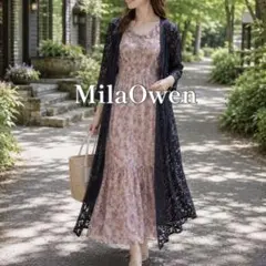 美品【MilaOwenミラオーエン 】総レース 花柄ロング カーディガン 紺のサムネイル