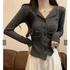 オープンカラーフロントギャザートップス th009 チャコール