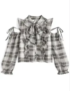 GRL チェック柄ショルダーオープンボウタイフリルシアーブラウス[tw1277]