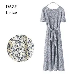 デイジー/ロングワンピース/花柄/ウエストリボン/L/ホワイト×ブルー/上品