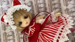 【精天使のお洋服】ストライプねこみみJSKセット赤・靴(ピンク)