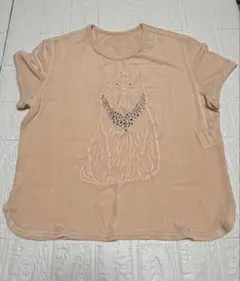 伊太利屋　猫　ビーズ付き Tシャツ　カットソー　サーモンピンクのサムネイル