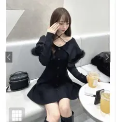 ホルターネックファーオフショルダーニットミニワンピース tu1927