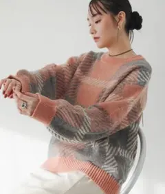 andme チェックジャガード長袖ニットトップス