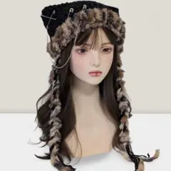 チャーム付 ハンドメイド 猫耳ニット帽 ブラック ヒョウ柄 y2k チェーン