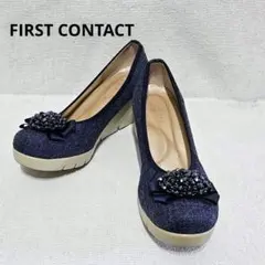 【FIRST CONTACT】ネイビー ビーズ装飾 厚底ウェッジ24.5