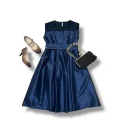 パーティドレス (L) ネイビー フォーマル 結婚式 二次会 光沢 リボン 清楚