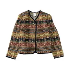 7AS1 総柄　Vネック　ノーカラージャケット　個性的　インポート古着used