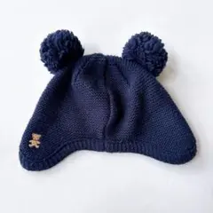 ファミリア　ネイビー ポンポン付き　くま　ベビー帽子　45-46-47