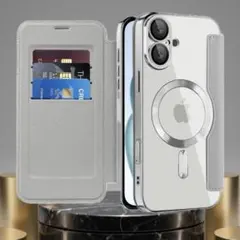 iPhone 17 ケース 手帳型 グレー×シルバーMagSafe対応カード収納