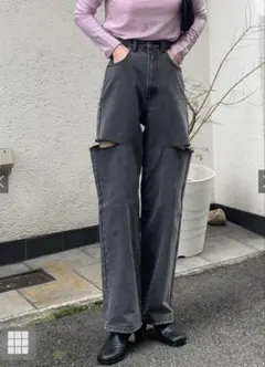 GRL グレイル スリットデニムワイドパンツ[cu420]ブラック　S