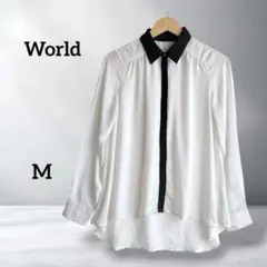 【ワールド】長袖シャツ 白黒バイカラー M ポリエステル ゆったりシルエットのサムネイル