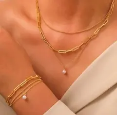 ネックレスとブレスレット パール 【２セット】3連チェーン サージカルステンレス