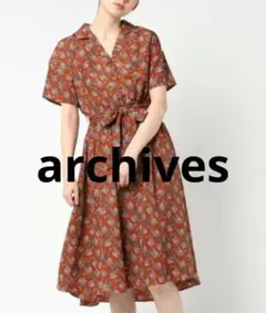 美品アルシーヴarchives 花柄 半袖シャツワンピース　茶色　ブラウン