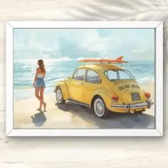 A4 波音る夏の浜辺と黄色いビートルの水彩アート インテリアアート水彩画 風景画