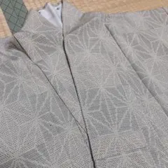 未使用品　小紋着物　単衣　広衿　仕付け糸　麻の葉　裄63cm　丈153cm
