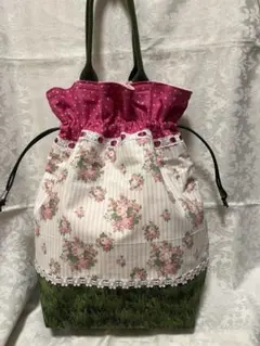 最終お値下げ-ハンドメイド巾着型トート　持ち手付き　12-17