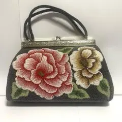 ヴィンテージ ビーズバッグ 花柄 手刺繍 がま口 ハンドバッグ レトロのサムネイル