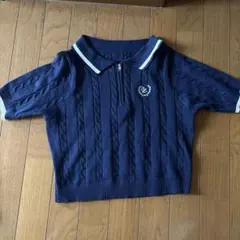 ネイビー ケーブル編み 半袖ニット ポロ