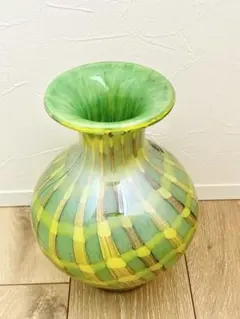 レトロ ガラス 花瓶 チェック柄 フラワーベース ミッドセンチュリー グリーン