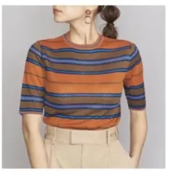 ストライプリブ編み半袖ニット