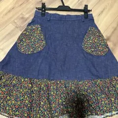 レトロ デニムブルー フレアスカート フラワーポケット