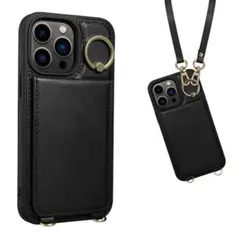 iPhone 14ProMax ケース 手帳型 ショルダー ブラック ゴールド