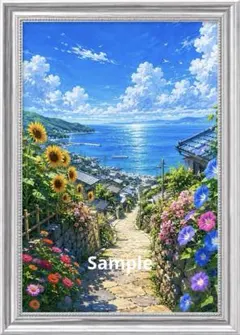 夏花咲く海辺坂道 海の風景画 青空 ひまわり 朝顔 癒しの風景