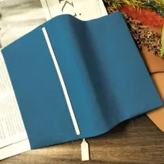 【文庫本サイズ】ブックカバー　帆布　エジプシャンブルー(ライン　ヌメ革ver.)