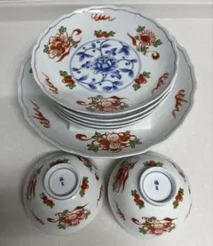 【美品】橘吉 大皿 1枚・中皿5枚・飯碗セット 赤絵　花柄　和食器のサムネイル