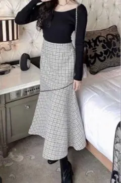 GRL ツイードレザーパイピングロングスカート　tu433