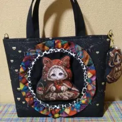 トート ハンドメイド 紙袋タイプ子猫デザイントートバッグ 両面パネル