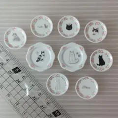 ＊猫と花柄のミニチュア食器セット＊モノトーンカラー＊