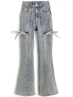 サイドカットアウトリボンフレアデニムパンツ　GRL [cu578]
