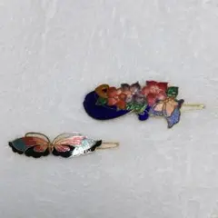 ヴィンテージ 七宝焼き ヘアピン 2点 蝶 花 レトロ アンティーク　ピン