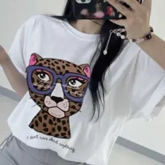 ヒョウ柄猫イラストTシャツ 半袖のサムネイル