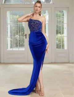 ブルー　ベロア　青　ロング　ドレスワンピース　パーティー　ベアトップ