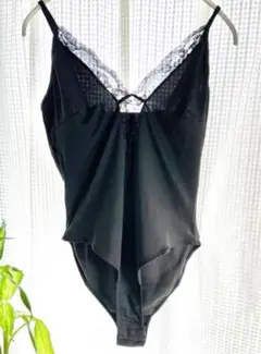 セクシーボディスーツ テディ キャミソール シースルーレース付 黒 L-XL相当