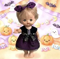 メルちゃんサイズハンドメイド服　ハロウィンラメ入りチュール付きワンピースとリボン